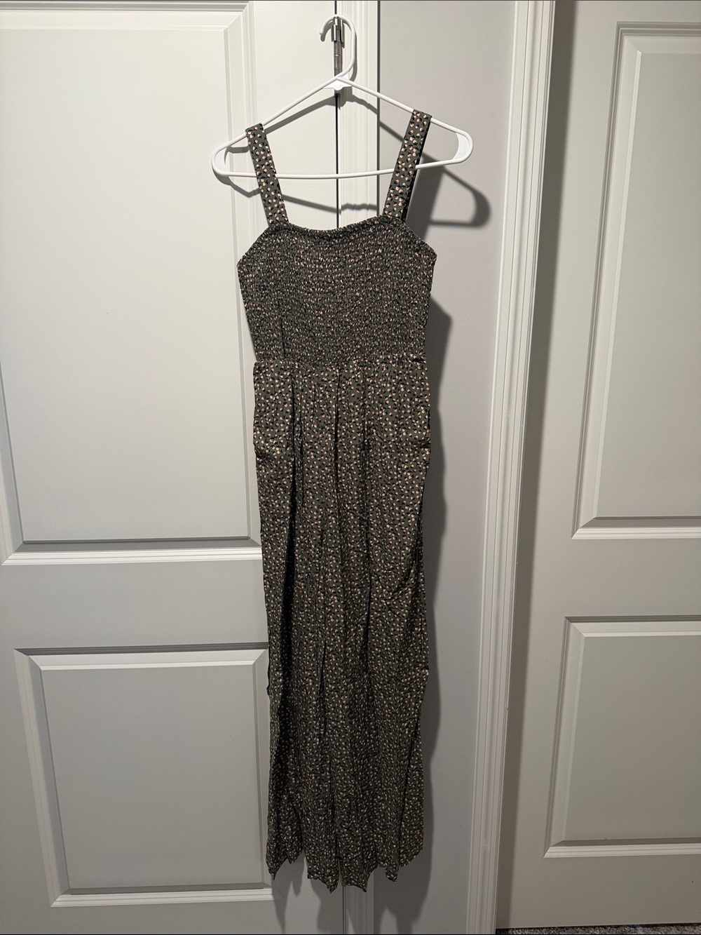 Smocked Strappy Floral Maxi Dress in Olive Green